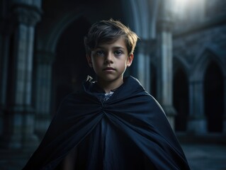 Canvas Print - A young boy dressed in a black cloak. Generative AI.