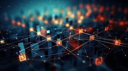 Interconnected network diagrams with elements and lines, representing digital channels, suitable for technology solutions and scientific concepts.