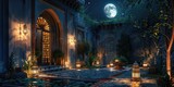 Fototapeta  - Mystical Ramadan Nights in an Enchanted Courtyard - Spiritual Aura and Illumination - Soft Moonlight - Immerse in the magical ambiance of Ramadan