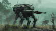© Blue_Utilities - Futuristic autonomous war robot in a combat stance on a misty field, ideal for gaming wallpapers or sci-fi book covers