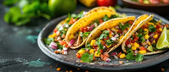 Canvas Print - Three tacos with vegetables and corn on a black plate. Generative AI.