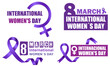 Logos del  día internacional de la mujer, 8 de marzo, con cinta morada