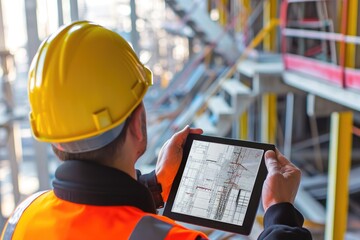 A man, wearing a hard hat, firmly holds a tablet in his hands while standing on a construction site, Engineering team on site using tablets and real-time construction software, AI Generated