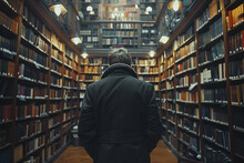 A tall person browsing books in a library, highlighting intellect and curiosity.