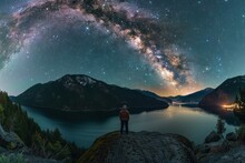 Starry Night Sky Over Mountain Lake With Lone Observer