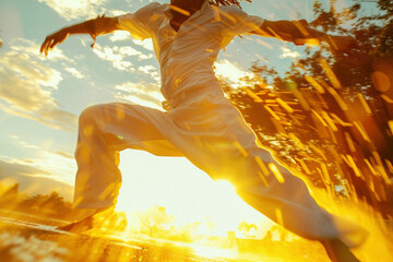 An individual practicing capoeira at sunset, their movements a blend of dance and martial arts against the backdrop of fading light.