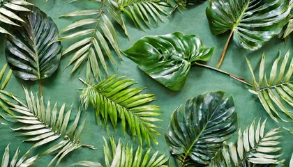 Poster - tropical seamless pattern graphic leaves on green background