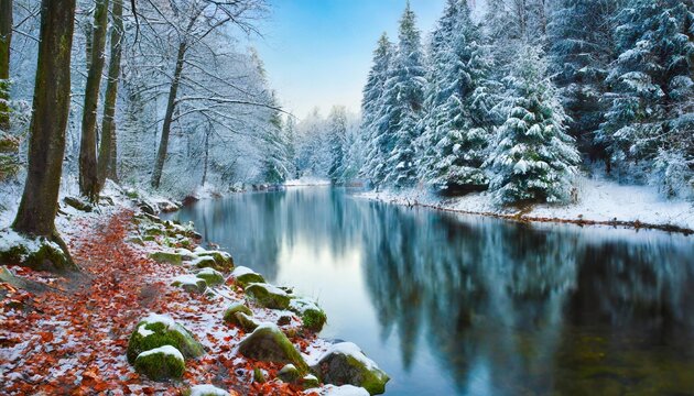 christmas forest with river
