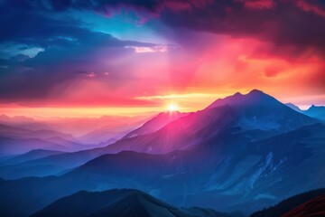 Wall Mural - Vibrant sunset over mountainous landscape