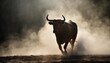 bull emerges from the fog in the dark