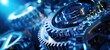 © Matthew - Industrial gears captured in close-up against a blue-lit background, styled for commercial purposes to evoke engineering and industrial themes.
