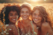 A group of friends, each with distinct skin tones, laughing and embracing in a sunlit field, radiating joy and acceptance.