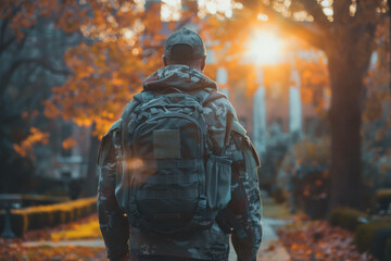 A military veteran in uniform attending college, their backpack a symbol of their journey from military to academic life.