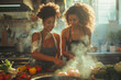 Two friends of different body sizes cooking together, emphasizing camaraderie and everyday life.