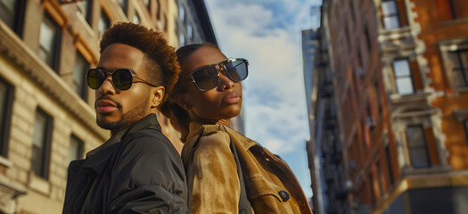 African American couple modeling on the streets of a city in modern clothing - copy space