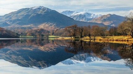 A tranquil oasis amidst towering trees and majestic mountains, the glacial lake reflects the ever-changing sky in a serene display of nature's beauty in the lake district