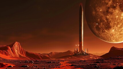 Wall Mural - Construction of a space elevator on Mars, providing a cost-effective and efficient means of transporting goods and people between the planet's surface and orbit