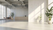 Blurry view of a bright office space with large windows and potted plants, for architecture, design, or real estate.
