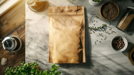 Wall Mural - blank paper bag mockup on a kitchen counter