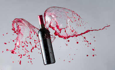 Wall Mural - Bottle of red wine and splashes.