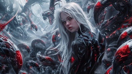 A girl with dark white hair standing in a place where there are many monsters, in the style of futuristic glam, fluid formation, hyper - realistic details, dark silver and light red, machine - like pr