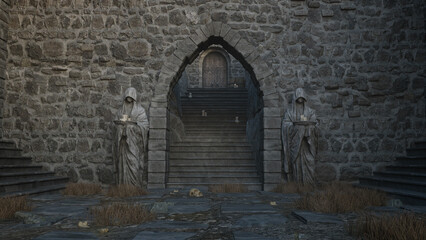 Aufkleber - Medieval castle with gothic arch and steps leading to a wooden door. Stone statues guard the entrance. 3D render.