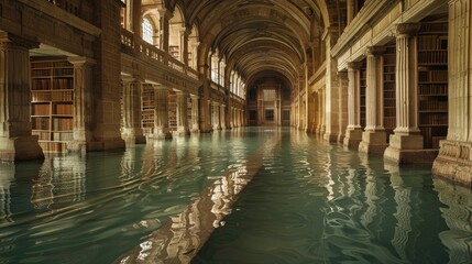 Poster - A magnificent indoor oasis, the building's vast pool reflects a tranquil paradise amidst the bustling cityscape
