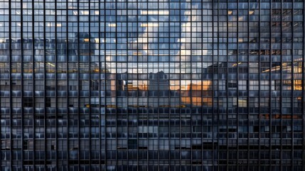Fototapete - A towering glass structure reflects the bustling city below, its multitude of windows creating an abstract mosaic of outdoor scenes