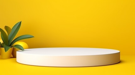 Wall Mural - White podium shelf or empty pedestal display on vivid yellow summer background with minimal style. Blank stand for showing product. 3D rendering