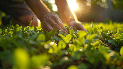 Wall Mural - A woman holding a plant in a field.