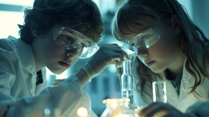 Wall Mural - Two school students conducting a scientific experiment in a laboratory.