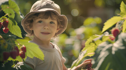 Sticker - Happy boy picking raspberries in the garden.