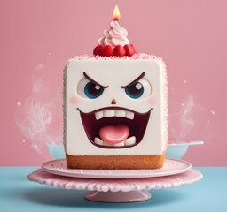 A faceshaped cake decorated with pink frosting is seen holding two cupcakes, showcasing the artistry of cake decorating and the sweetness of baked goods