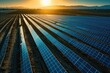 A stunning view of a large solar farm with the golden sun setting in the background, showcasing the power of renewable energy, Imagery of a vast solar farm capturing dazzling sunlight, AI Generated