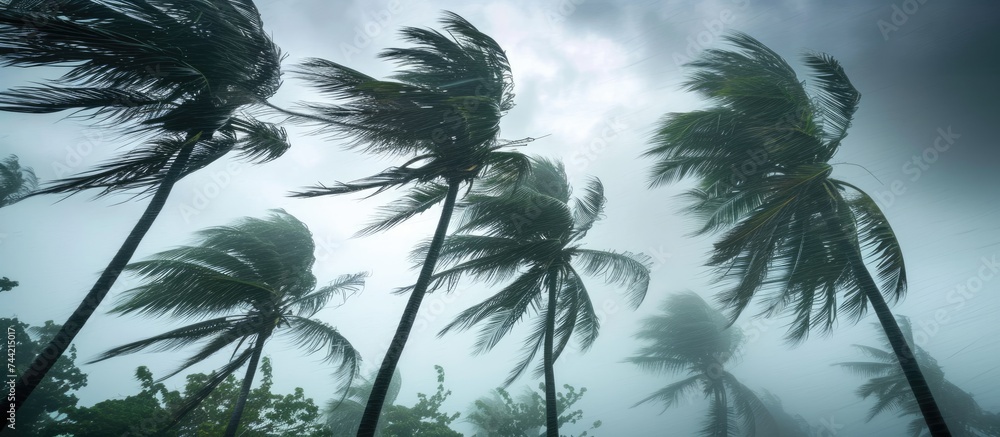 Coconut palm trees being blown by strong winds in a tropical storm ...