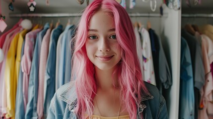 Wall Mural - Capture the happiness of a teenage girl with pink hair looking directly at the camera while standing in front of a modern clothes wardrobe closet.