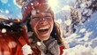 Capture the joy and cheerfulness of a winter snow travel vacation, featuring a laughing and smiling woman, 