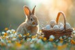 Easter bunny in the forest in the garden with a basket of colored eggs, Easter egg hunt, religious Christian holiday