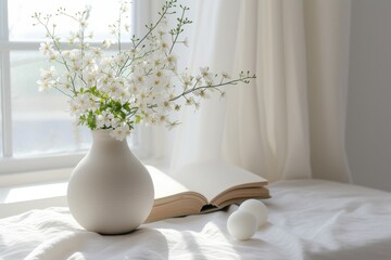 Wall Mural - Interior details. Stylish ivory Scandinavian minimalistic interior with white flowers in vase on table near window with curtains