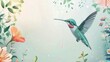 Illustration a hummingbird flying around on floral garden on pastel background. AI generated image