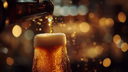 Wall Mural - Close-up of Beer Pouring from Bottle into Glass with Frothy Head on Dark Background