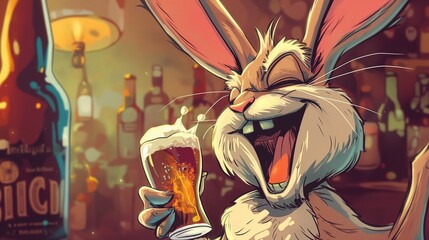 Funny cartoon rabbit drinking beer at the bar counter. Isolated on white background.