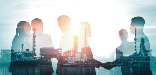 Wall Mural - double exposure image of many business people conference group meeting on city office building in ba