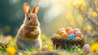 Cute rabbit holding an Easter egg next to a basket full of colorful Easter eggs among green grass