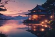A beautiful japanese house at sea water in the late evening anime cartoonish artstyle cozy lofi House on river bank