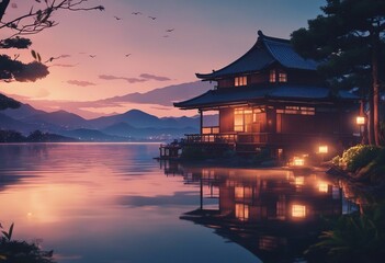 Wall Mural - A beautiful japanese house at sea water in the late evening anime cartoonish artstyle cozy lofi House on river bank