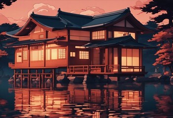 A beautiful japanese house at sea water in the late evening anime cartoonish artstyle cozy lofi House on water