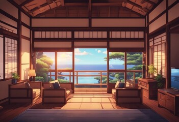 A beautiful japanese house interior at sea water in the evening anime cartoonish artstyle wooden furniture