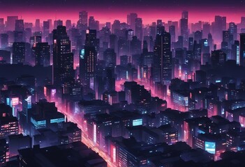 Wall Mural - A wallpaper illustration of a night cityscape in anime neo crisp style neon flat colors nightsky top view