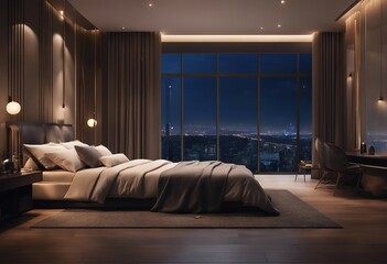 Wall Mural - Modern luxury beautiful interior with panoramic windows Design bedroom with bright night lighting Side view